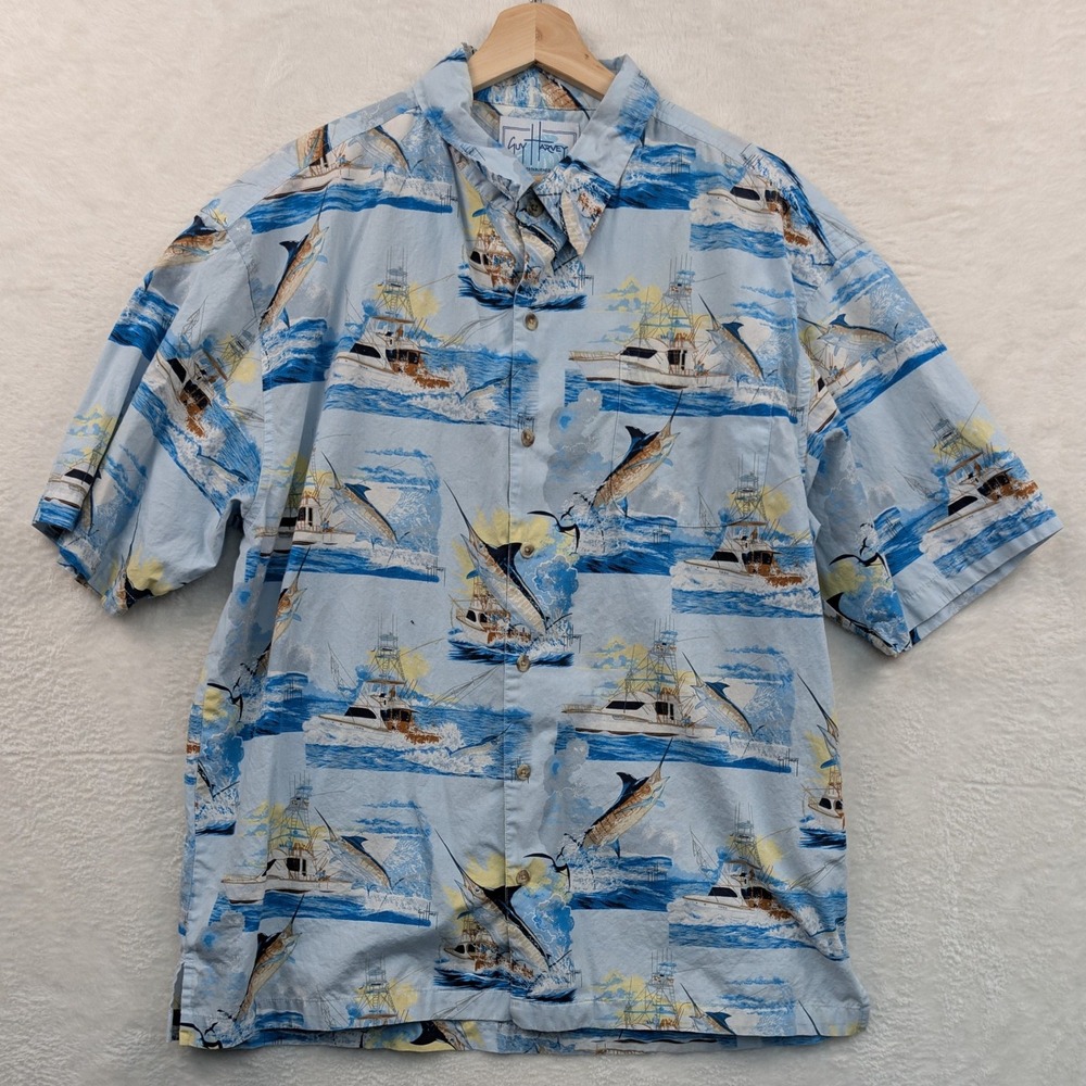 Guy Harvey Button Down Shirt‎ Men's XL AOP Blue Fishing Marlin Nautical Coastal